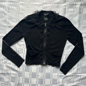 Black Exposed Zipper Closure Tulle Neckline Chain Pocket Knit Cardigan Sweater